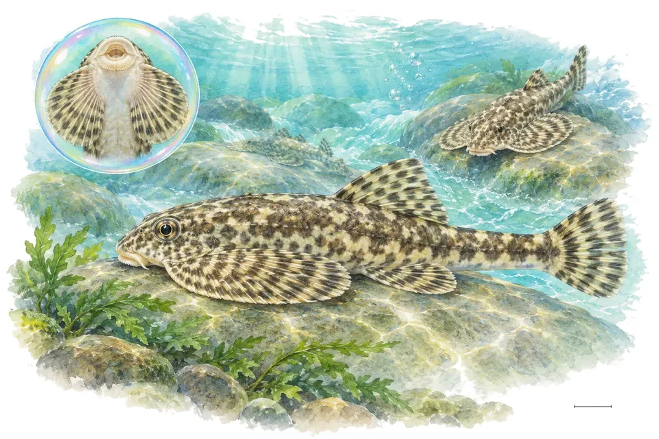 Aquarelle : Beaufortia (Beaufortia kweichowensis) dans une eau turquoise lumineuse, avec une vue de trois quarts et un détail dans une bulle.