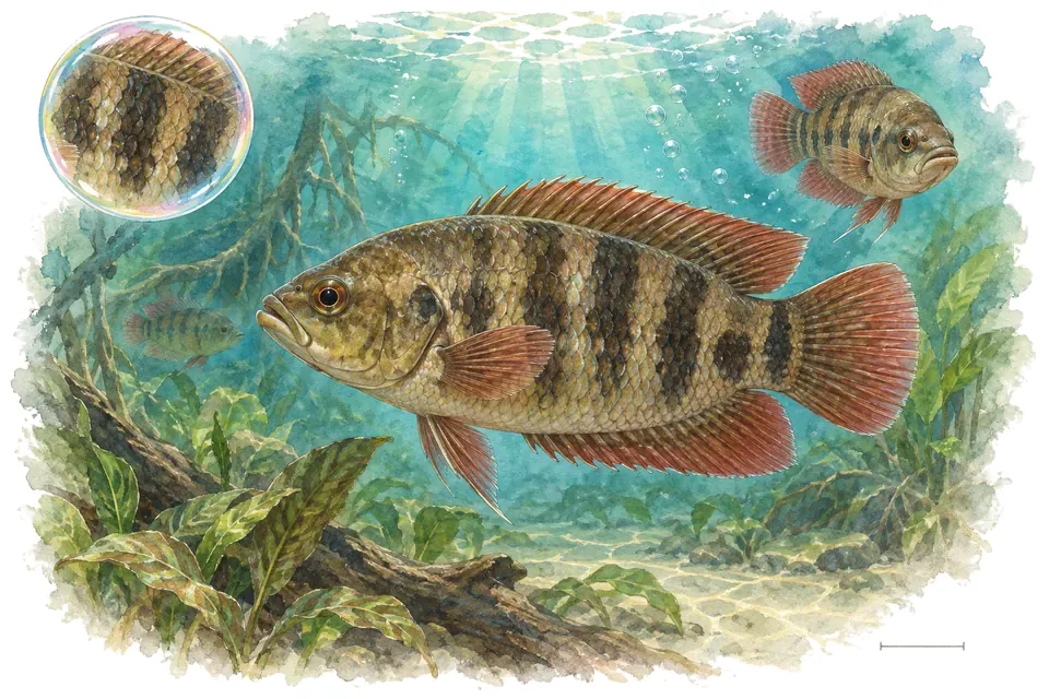 Aquarelle : Belontia de Hasselt (Belontia hasselti) dans une eau turquoise lumineuse, avec une vue de trois quarts et un détail dans une bulle.