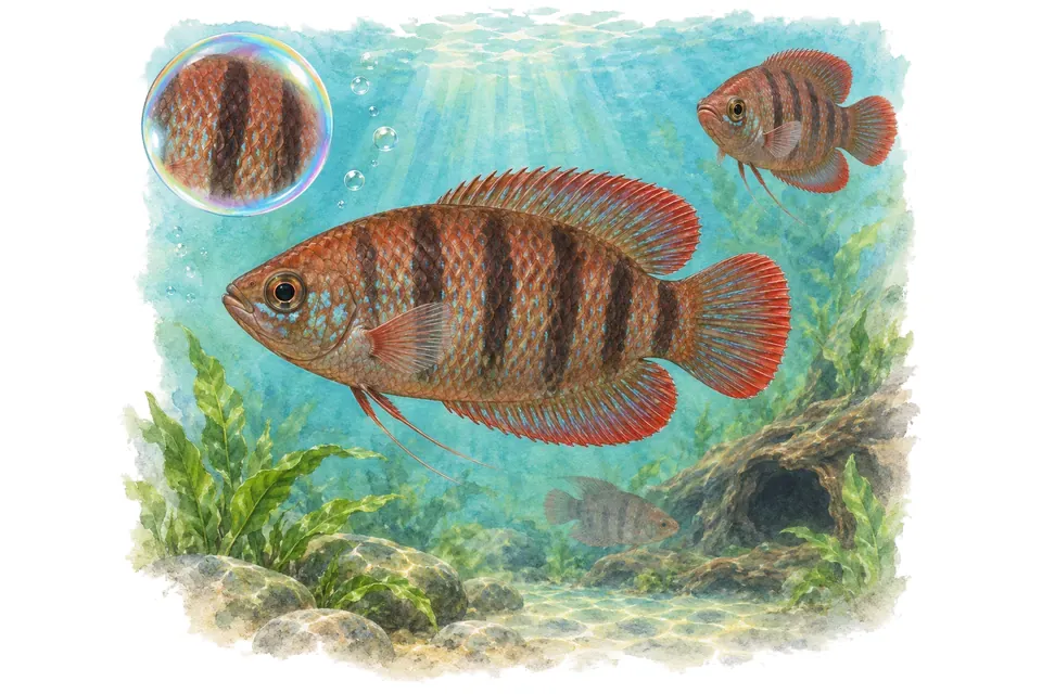 Aquarelle : Gourami à queue en peigne (Belontia signata) dans une eau turquoise lumineuse, avec une vue de trois quarts et un détail dans une bulle.