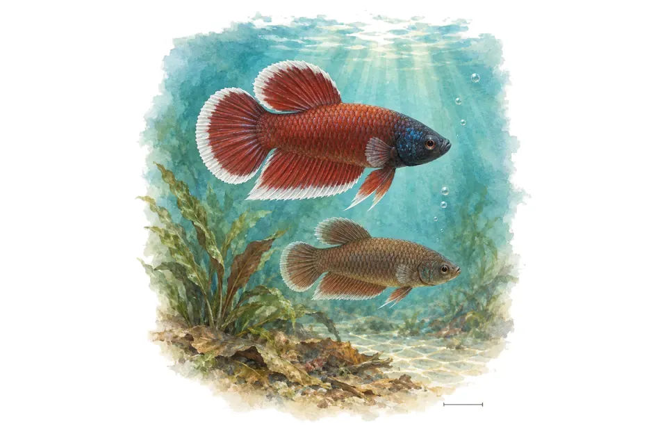 Aquarelle : Betta à bordure blanche, mâle et femelle l'un au-dessus de l'autre dans une eau turquoise.