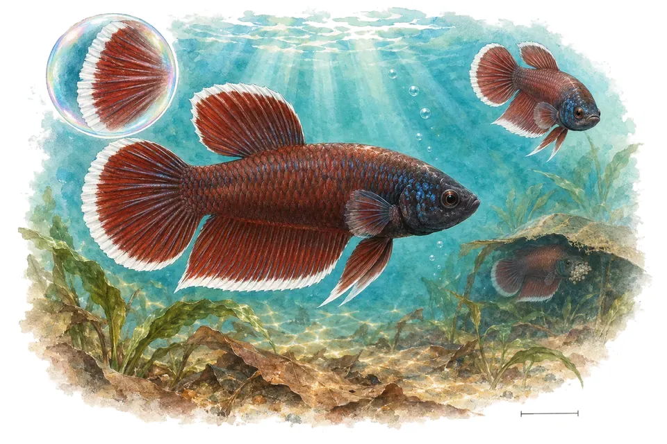 Aquarelle : Betta à bordure blanche (Betta albimarginata) dans une eau turquoise lumineuse, avec une vue de trois quarts et un détail dans une bulle.
