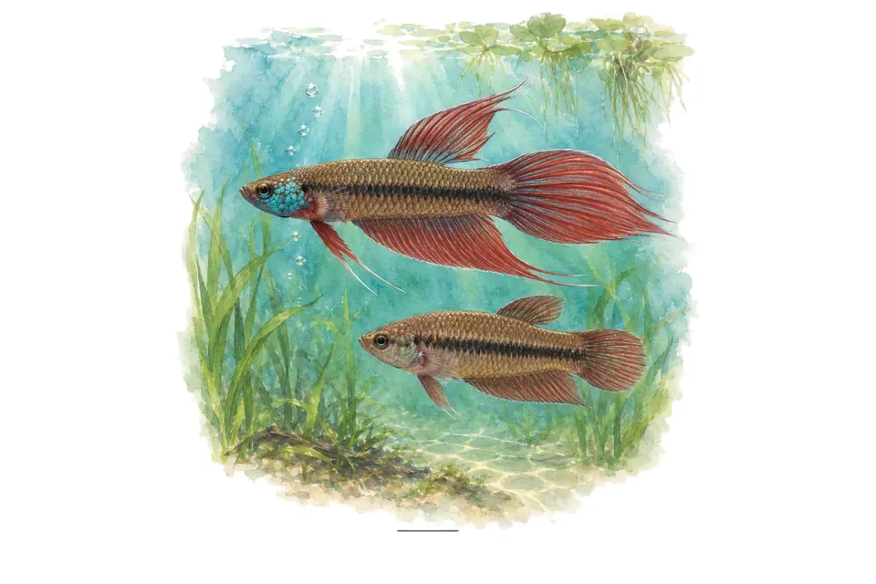 Aquarelle : Betta belliqueux, mâle et femelle l'un au-dessus de l'autre dans une eau turquoise.