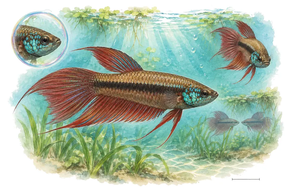 Aquarelle : Betta belliqueux (Betta bellica) dans une eau turquoise lumineuse, avec une vue de trois quarts et un détail dans une bulle.