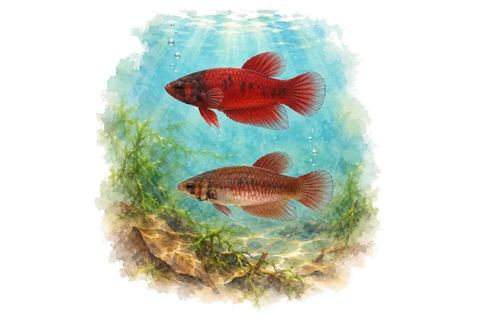 Aquarelle : Betta rouge, mâle et femelle l'un au-dessus de l'autre dans une eau turquoise.