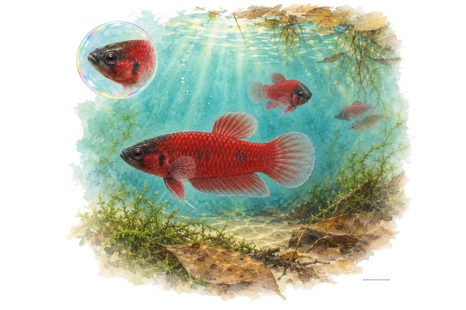 Aquarelle : Betta rouge (Betta coccina) dans une eau turquoise lumineuse, avec une vue de trois quarts et un détail dans une bulle.