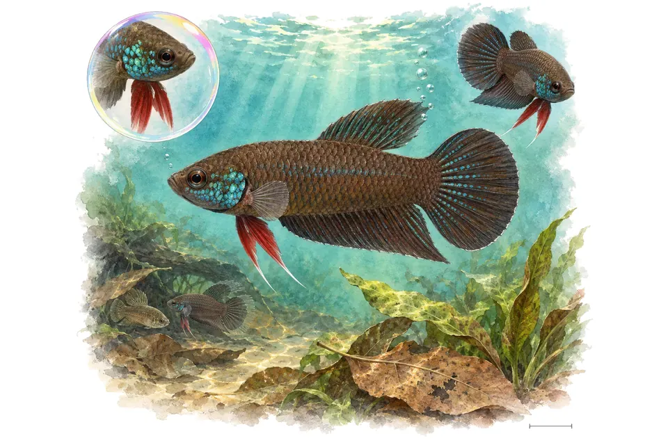 Aquarelle : Betta enisae (Betta enisae) dans une eau turquoise lumineuse, avec une vue de trois quarts et un détail dans une bulle.