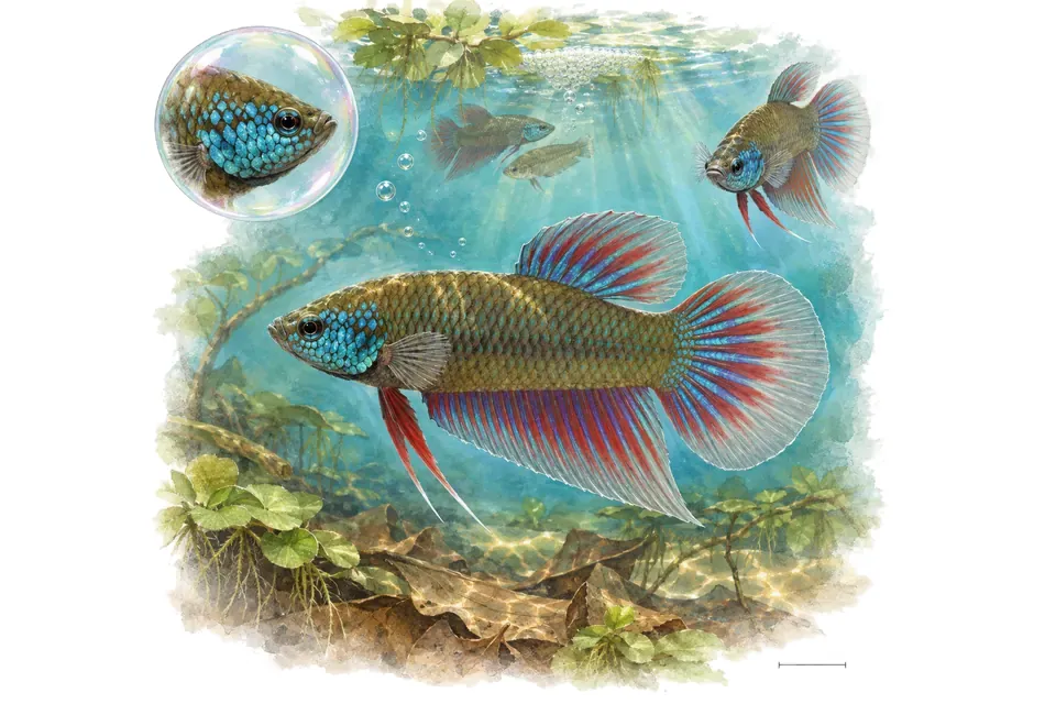 Aquarelle : Betta d'Hendra (Betta hendra) dans une eau turquoise lumineuse, avec une vue de trois quarts et un détail dans une bulle.
