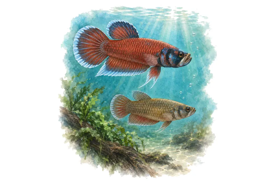 Aquarelle : Combattant de Brunei, mâle et femelle l'un au-dessus de l'autre dans une eau turquoise.