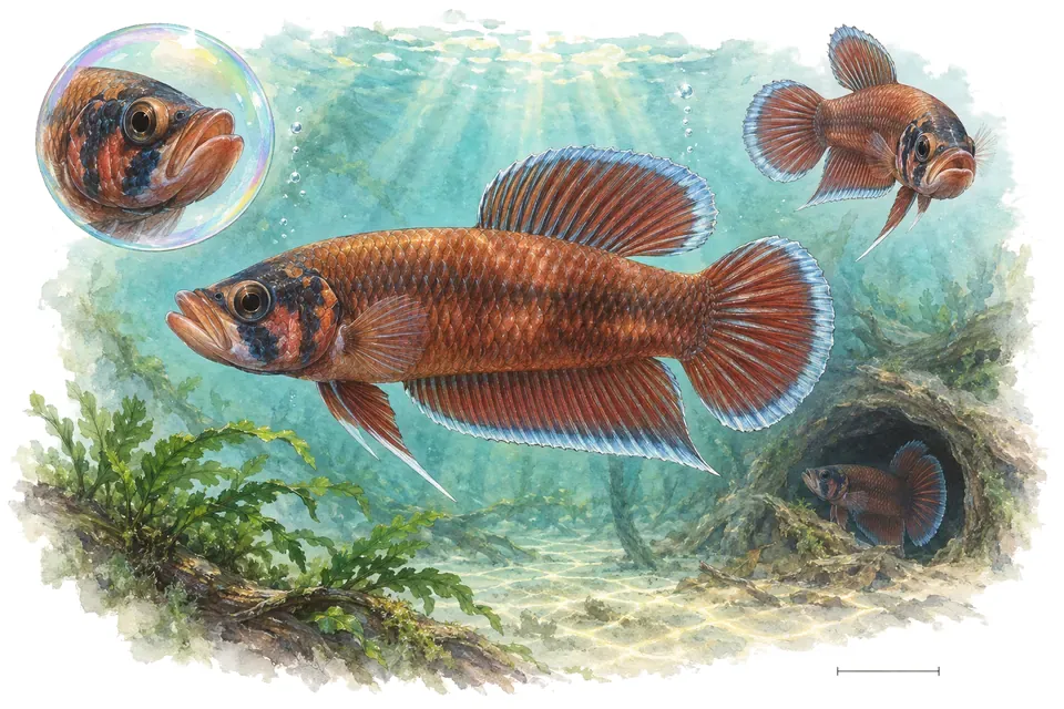 Aquarelle : Combattant de Brunei (Betta macrostoma) dans une eau turquoise lumineuse, avec une vue de trois quarts et un détail dans une bulle.