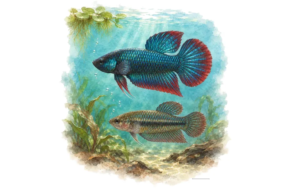 Aquarelle : Combattant de Mahachai, mâle et femelle l'un au-dessus de l'autre dans une eau turquoise.