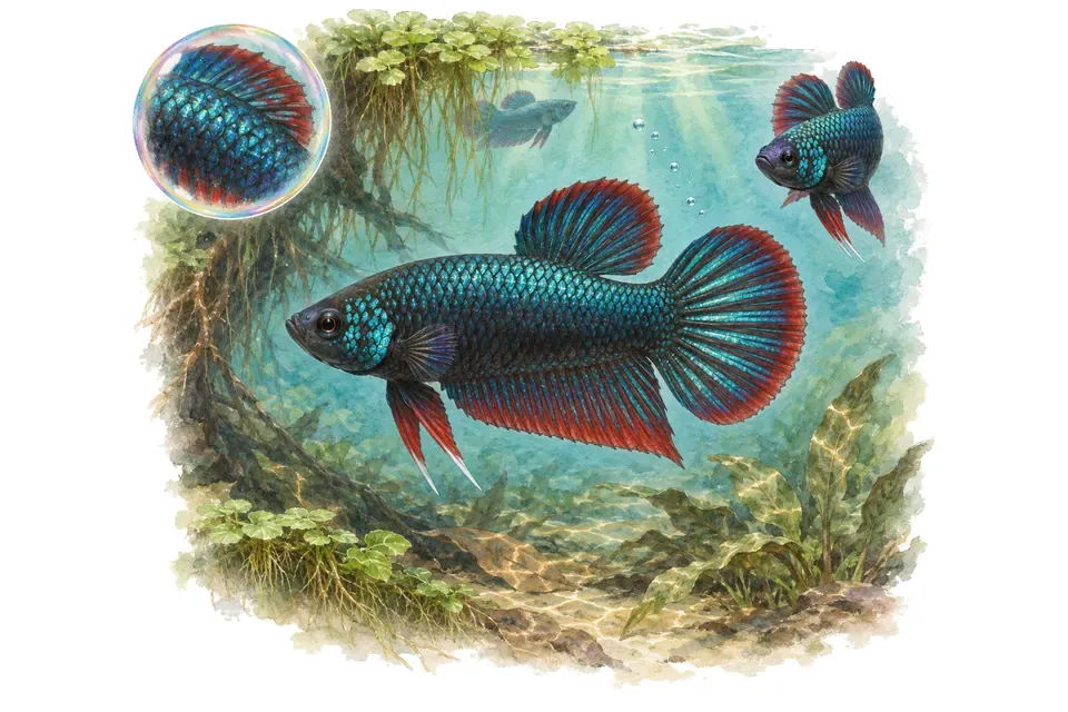 Aquarelle : Combattant de Mahachai (Betta mahachaiensis) dans une eau turquoise lumineuse, avec une vue de trois quarts et un détail dans une bulle.