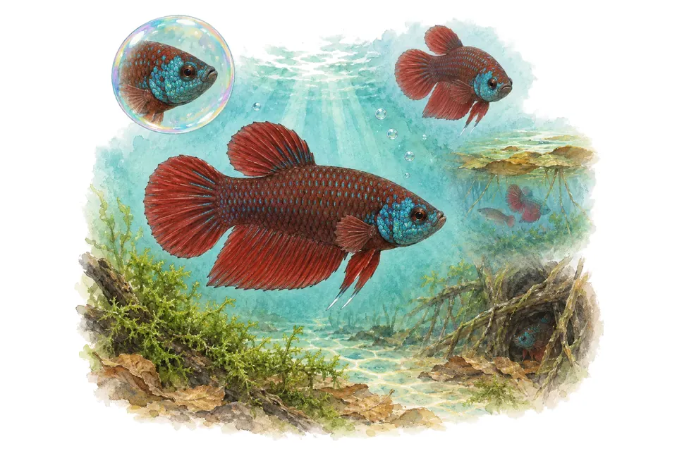 Aquarelle : Betta miniopinna (Betta miniopinna) dans une eau turquoise lumineuse, avec une vue de trois quarts et un détail dans une bulle.