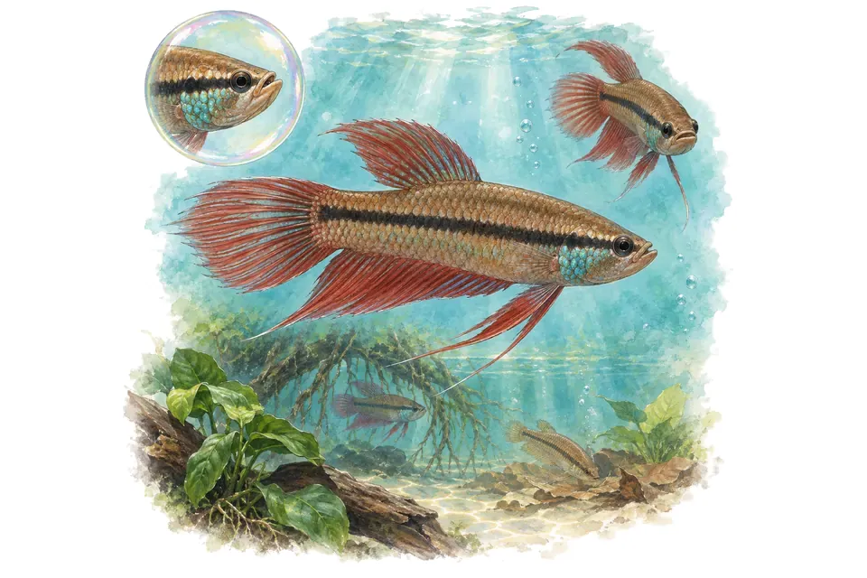 Aquarelle : Betta patoti (Betta patoti) dans une eau turquoise lumineuse, avec une vue de trois quarts et un détail dans une bulle.