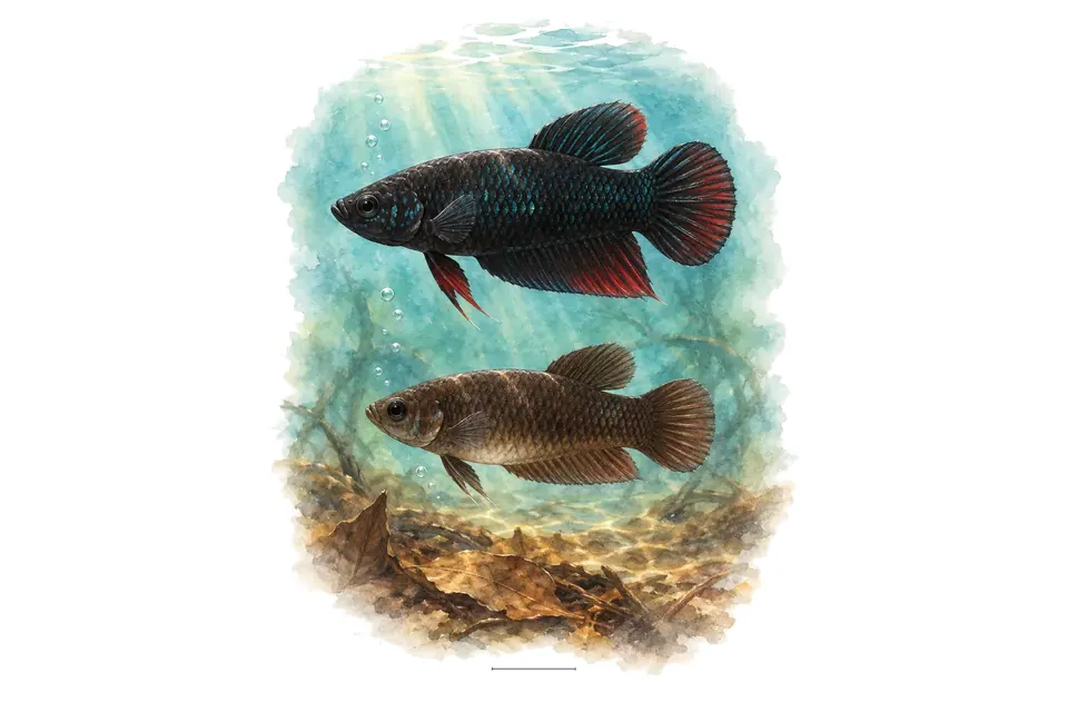 Aquarelle : Betta persephone, mâle et femelle l'un au-dessus de l'autre dans une eau turquoise.