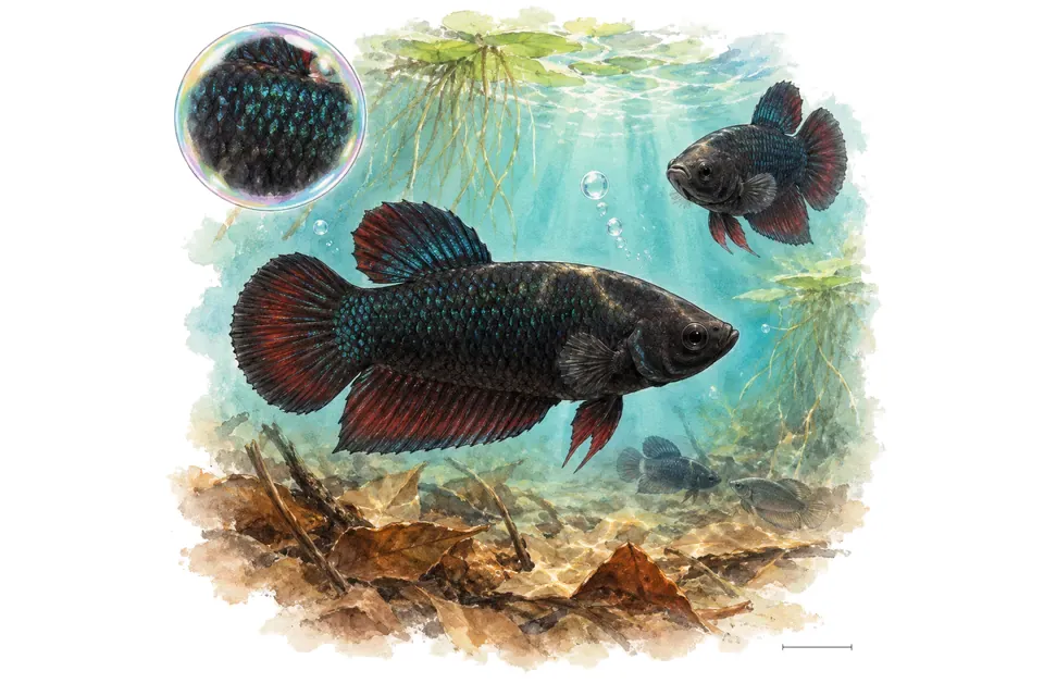 Aquarelle : Betta persephone (Betta persephone) dans une eau turquoise lumineuse, avec une vue de trois quarts et un détail dans une bulle.
