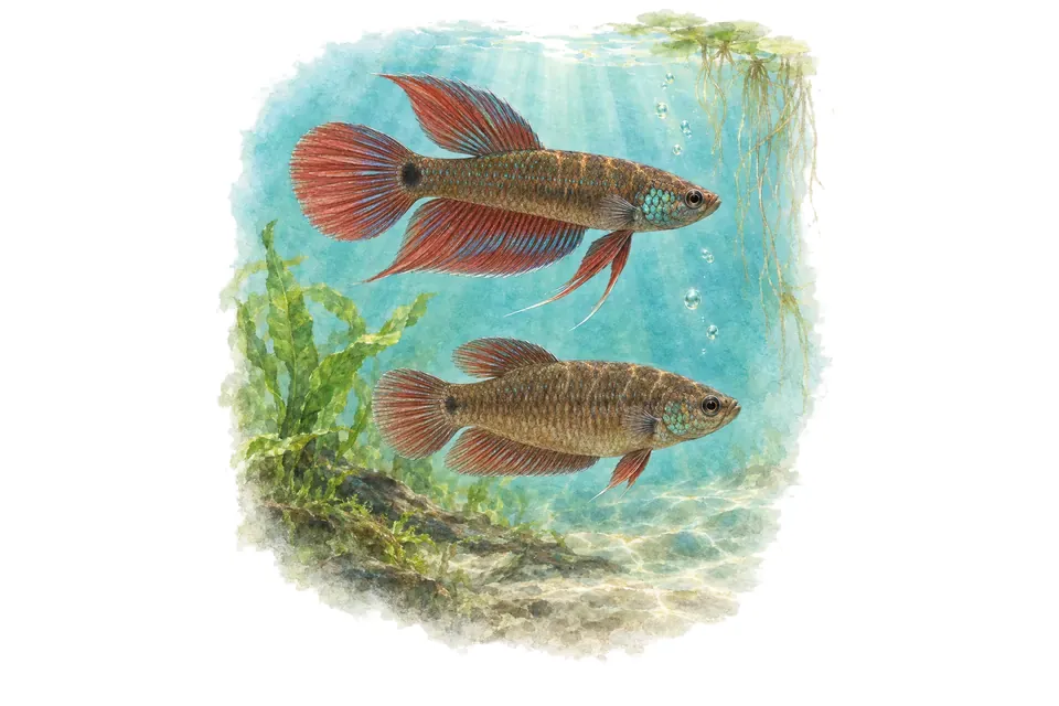 Aquarelle : Betta picta, mâle et femelle l'un au-dessus de l'autre dans une eau turquoise.
