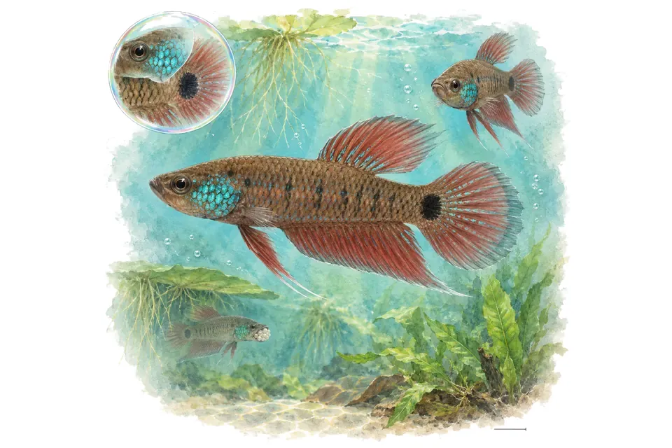 Aquarelle : Betta picta (Betta picta) dans une eau turquoise lumineuse, avec une vue de trois quarts et un détail dans une bulle.