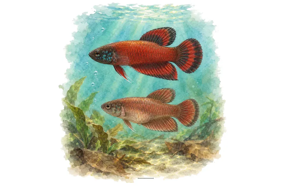 Aquarelle : Betta rubra, mâle et femelle l'un au-dessus de l'autre dans une eau turquoise.