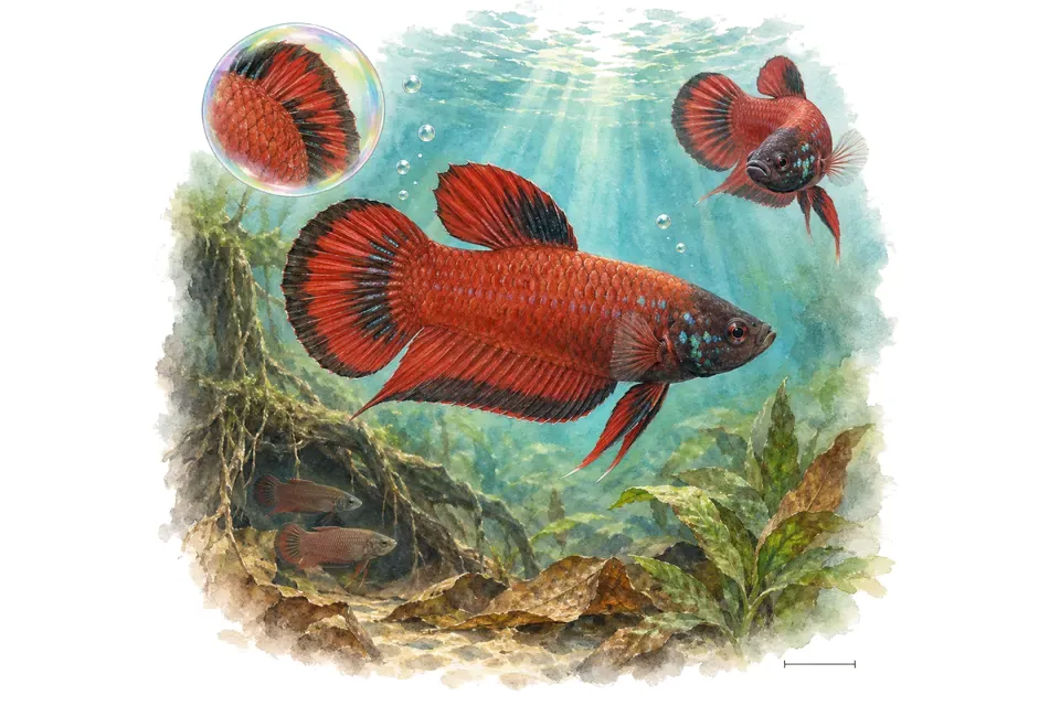 Aquarelle : Betta rubra (Betta rubra) dans une eau turquoise lumineuse, avec une vue de trois quarts et un détail dans une bulle.