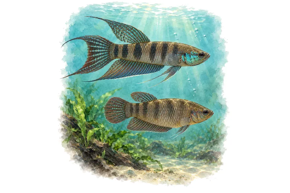 Aquarelle : Betta unimaculata, mâle et femelle l'un au-dessus de l'autre dans une eau turquoise.