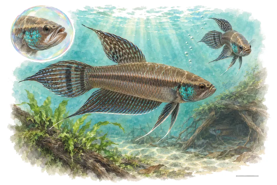 Aquarelle : Betta unimaculata (Betta unimaculata) dans une eau turquoise lumineuse, avec une vue de trois quarts et un détail dans une bulle.
