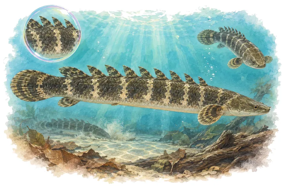 Aquarelle : Bichir à bandes (Polypterus retropinnis) dans une eau turquoise lumineuse, avec une vue de trois quarts et un détail dans une bulle.