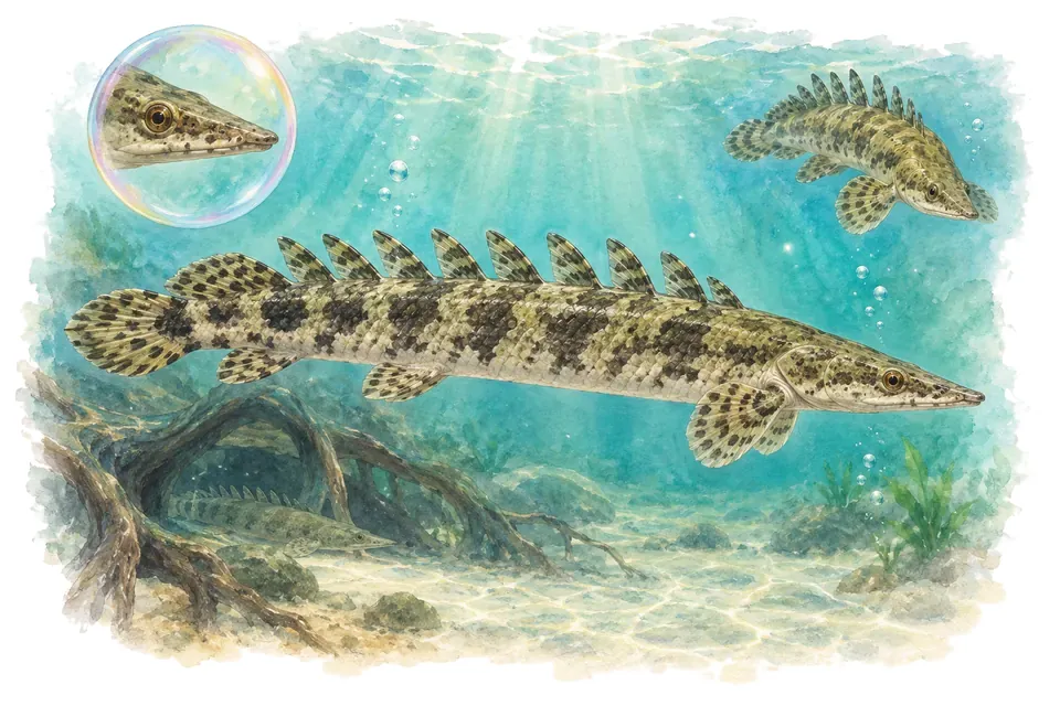 Aquarelle : Bichir à long museau (Polypterus weeksii) dans une eau turquoise lumineuse, avec une vue de trois quarts et un détail dans une bulle.