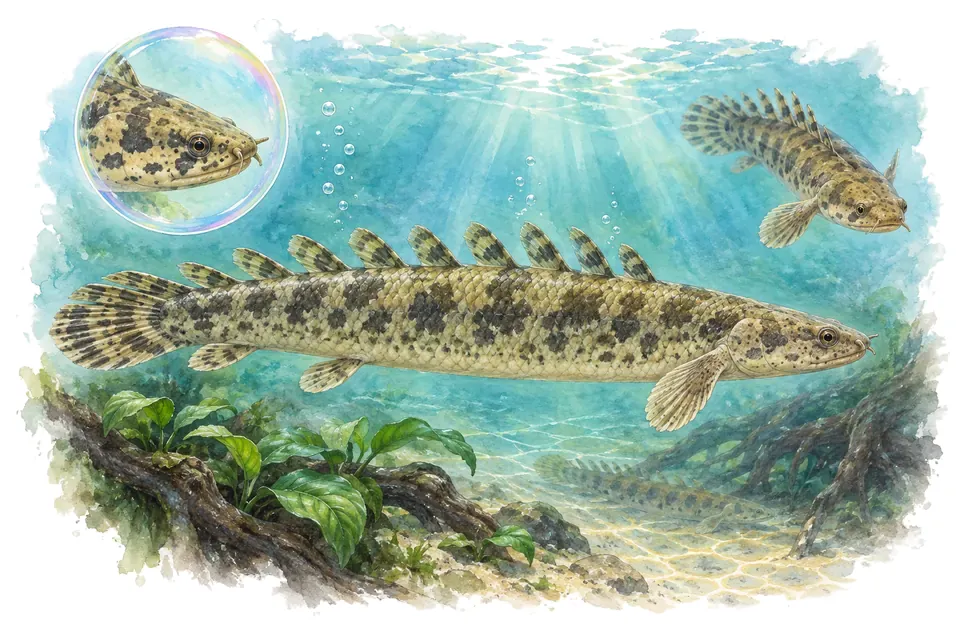 Aquarelle : Bichir de palmas (Polypterus palmas) dans une eau turquoise lumineuse, avec une vue de trois quarts et un détail dans une bulle.