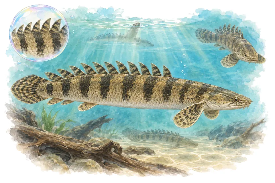Aquarelle : Bichir d’Endlicher (Polypterus endlicherii) dans une eau turquoise lumineuse, avec une vue de trois quarts et un détail dans une bulle.