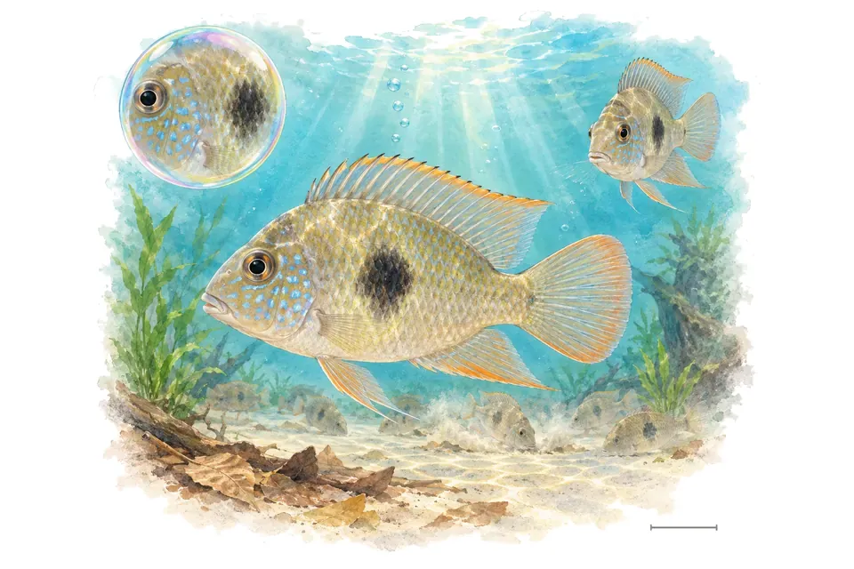 Aquarelle : Cichlidé cupidon (Biotodoma cupido) dans une eau turquoise lumineuse, avec une vue de trois quarts et un détail dans une bulle.