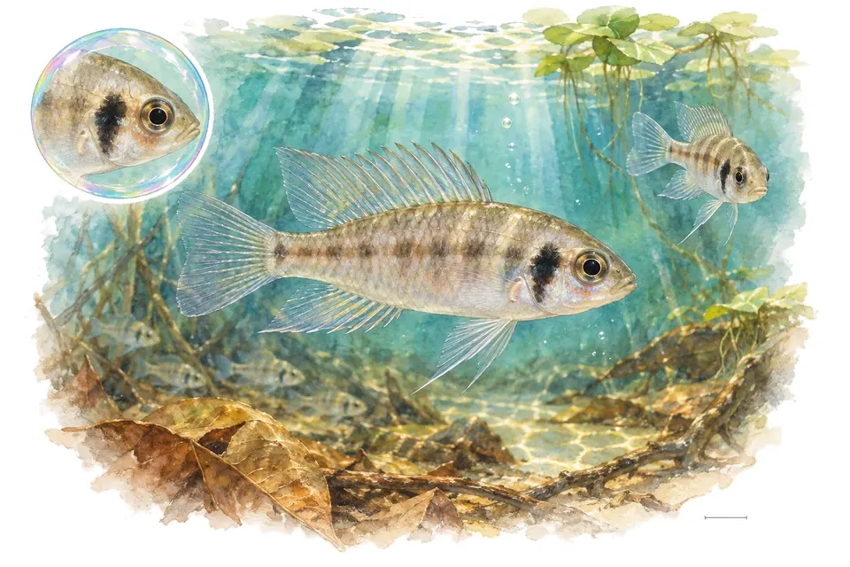 Aquarelle : Biotoecus (Biotoecus opercularis) dans une eau turquoise lumineuse, avec une vue de trois quarts et un détail dans une bulle.