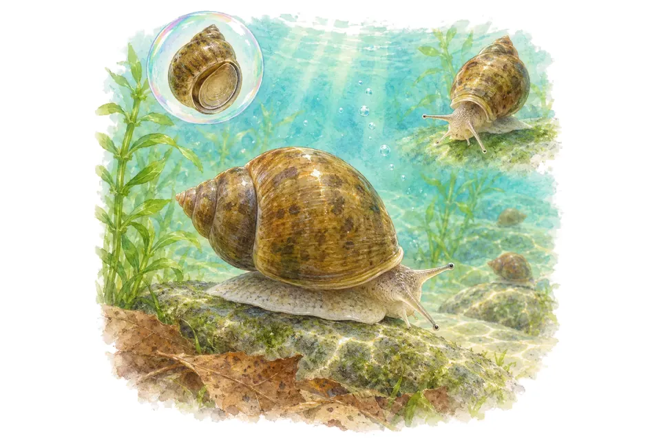 Aquarelle : Bithynie commune (Bithynia tentaculata) dans une eau turquoise lumineuse, avec une vue de trois quarts et un détail dans une bulle.