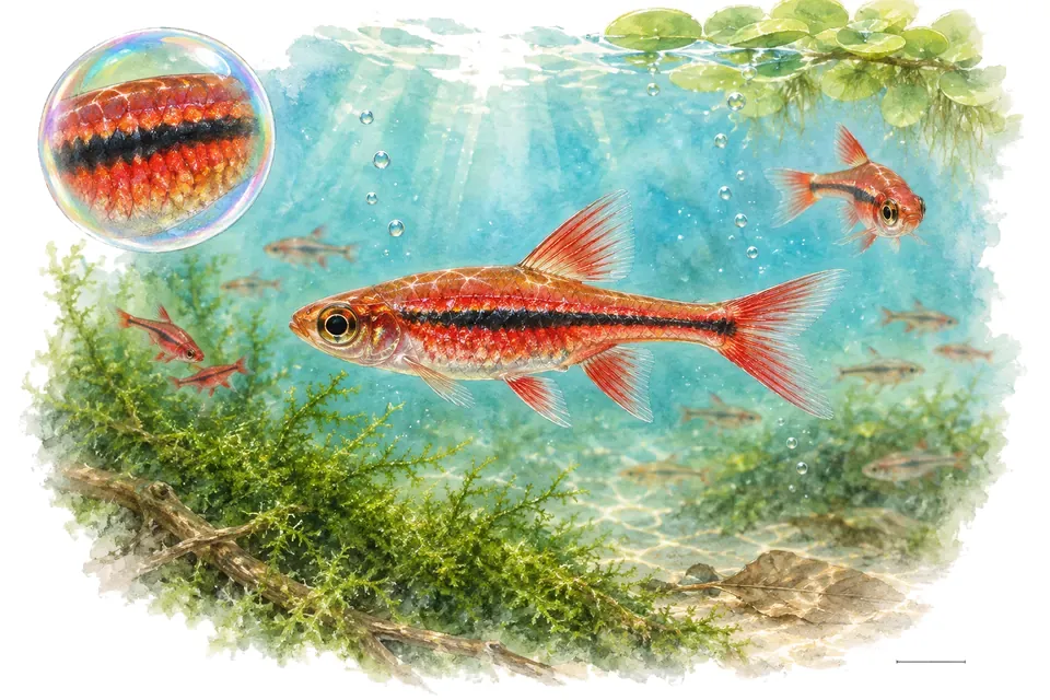 Aquarelle : Rasbora moustique (Boraras brigittae) dans une eau turquoise lumineuse, avec une vue de trois quarts et un détail dans une bulle.