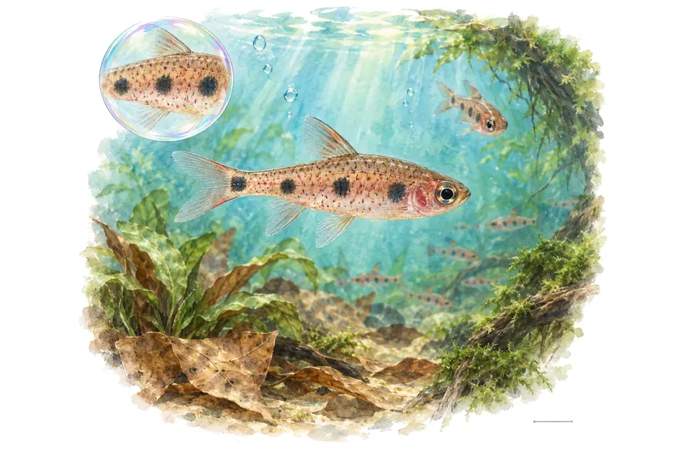 Aquarelle : Rasbora nain (Boraras maculatus) dans une eau turquoise lumineuse, avec une vue de trois quarts et un détail dans une bulle.