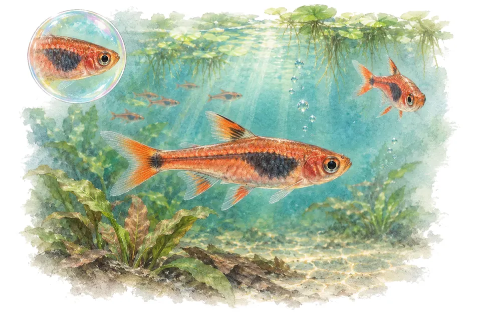 Aquarelle : Boraras merah (Boraras merah) dans une eau turquoise lumineuse, avec une vue de trois quarts et un détail dans une bulle.