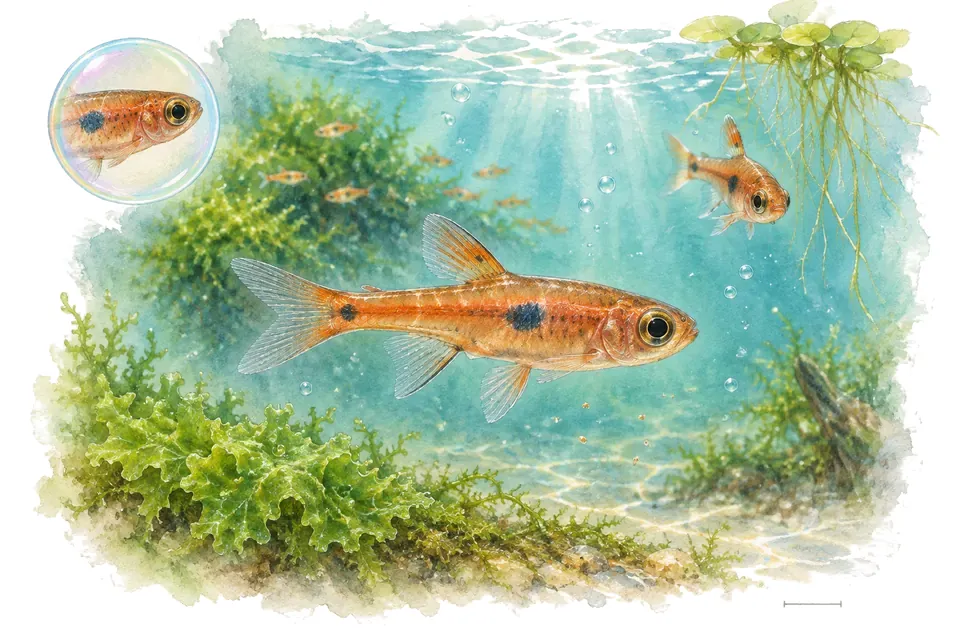 Aquarelle : Rasbora micros (Boraras micros) dans une eau turquoise lumineuse, avec une vue de trois quarts et un détail dans une bulle.