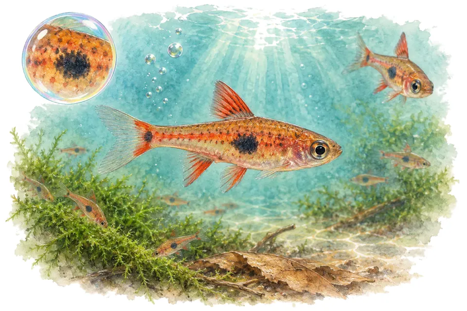 Aquarelle : Boraras tacheté (Boraras naevus) dans une eau turquoise lumineuse, avec une vue de trois quarts et un détail dans une bulle.
