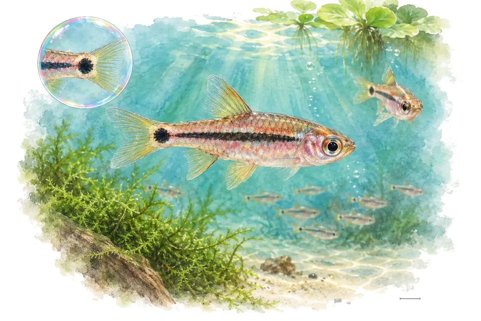 Aquarelle : Rasbora à tache caudale (Boraras urophthalmoides) dans une eau turquoise lumineuse, avec une vue de trois quarts et un détail dans une bulle.