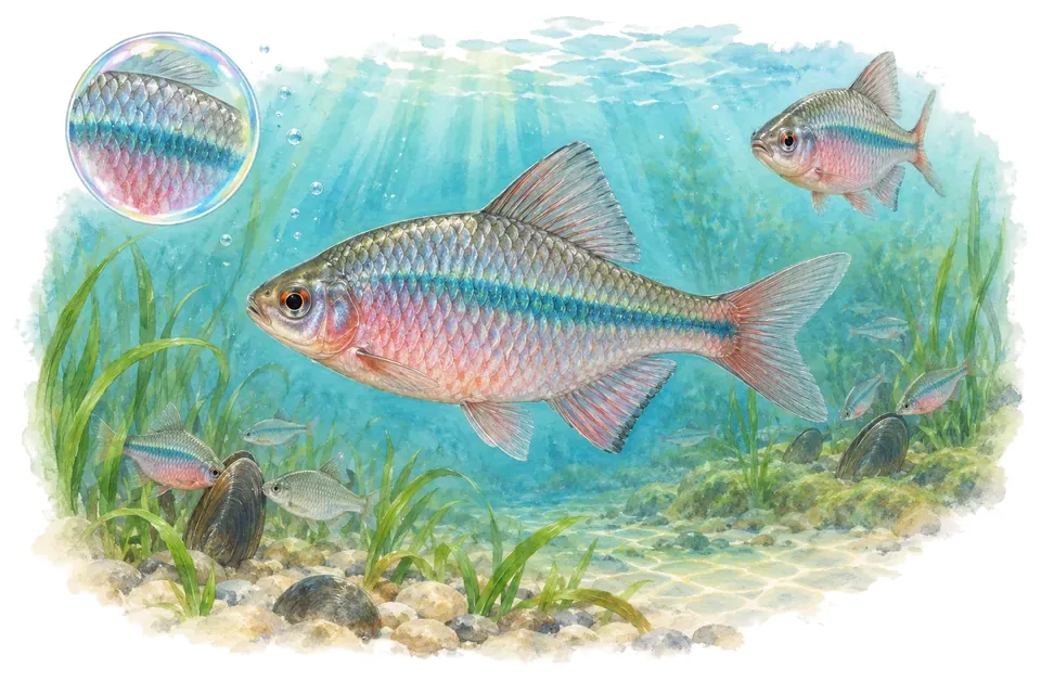 Aquarelle : Bouvière (Rhodeus amarus) dans une eau turquoise lumineuse, avec une vue de trois quarts et un détail dans une bulle.