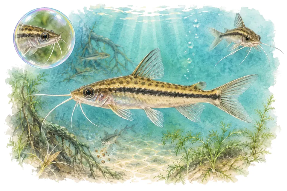 Aquarelle : Poisson-chat de Mees (Brachyrhamdia meesi) dans une eau turquoise lumineuse, avec une vue de trois quarts et un détail dans une bulle.