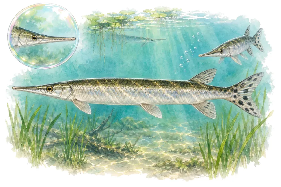 Aquarelle : Brochet d'eau douce (Ctenolucius hujeta) dans une eau turquoise lumineuse, avec une vue de trois quarts et un détail dans une bulle.