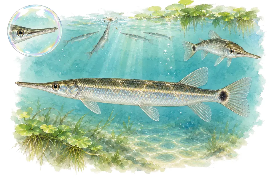 Aquarelle : Brochet nain de Colombie (Ctenolucius beani) dans une eau turquoise lumineuse, avec une vue de trois quarts et un détail dans une bulle.