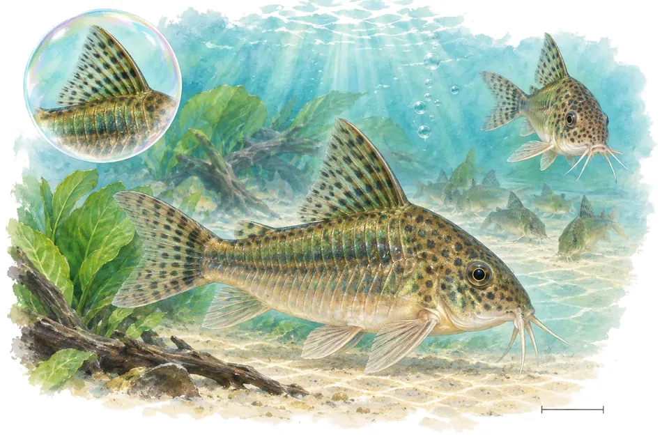 Aquarelle : Corydoras de Britski (Brochis britskii) dans une eau turquoise lumineuse, avec une vue de trois quarts et un détail dans une bulle.