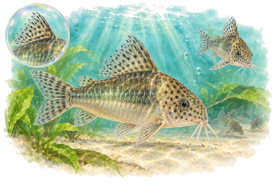 Aquarelle : Brochis à nombreuses épines (Brochis multiradiatus) dans une eau turquoise lumineuse, avec une vue de trois quarts et un détail dans une bulle.