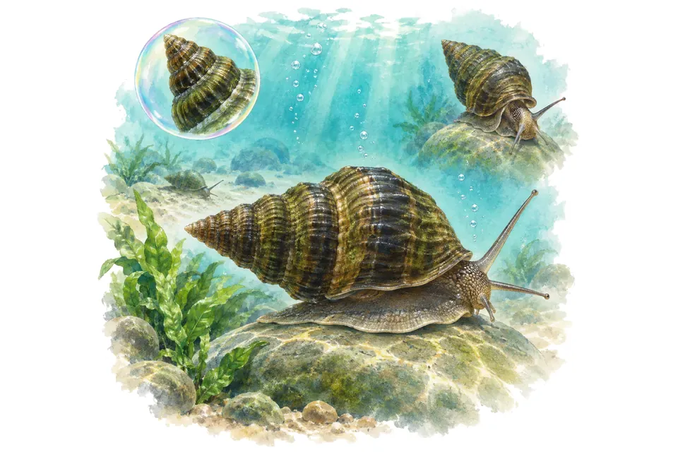 Aquarelle : Escargot hercule (Brotia herculea) dans une eau turquoise lumineuse, avec une vue de trois quarts et un détail dans une bulle.