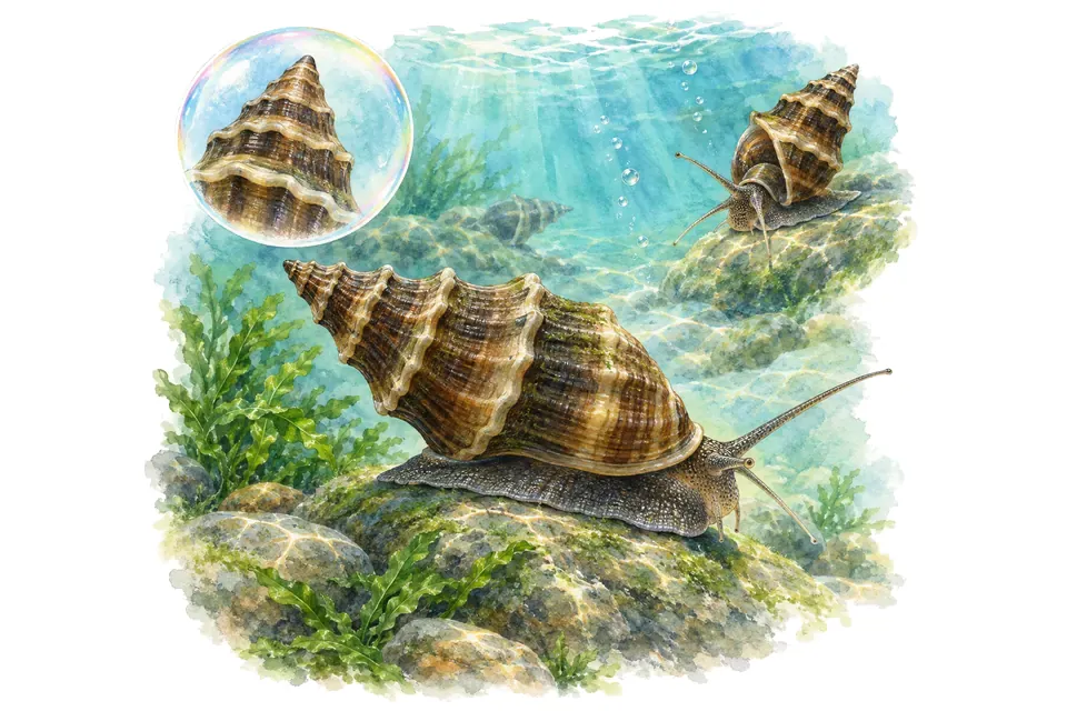 Aquarelle : Brotia pagode (Brotia pagodula) dans une eau turquoise lumineuse, avec une vue de trois quarts et un détail dans une bulle.