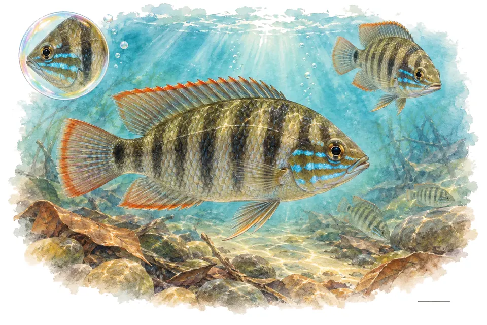Aquarelle : Bujurquina vittata (Bujurquina vittata) dans une eau turquoise lumineuse, avec une vue de trois quarts et un détail dans une bulle.