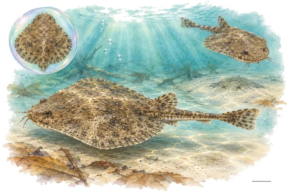 Aquarelle : Poisson-banjo (Bunocephalus coracoideus) dans une eau turquoise lumineuse, avec une vue de trois quarts et un détail dans une bulle.