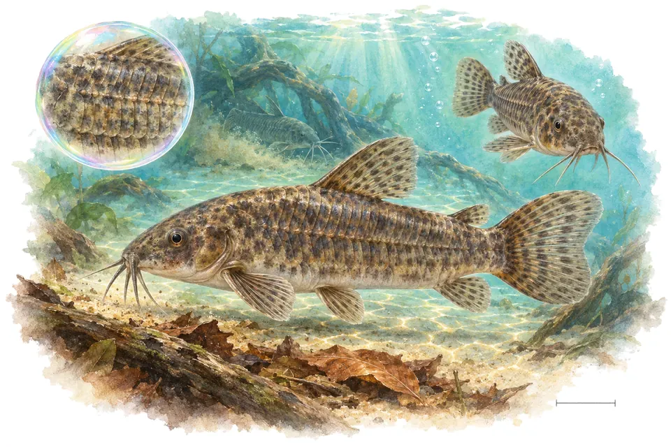 Aquarelle : Callichthys (Callichthys callichthys) dans une eau turquoise lumineuse, avec une vue de trois quarts et un détail dans une bulle.