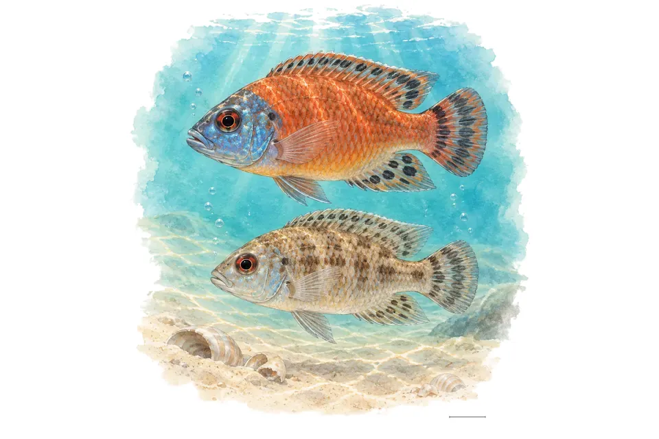 Aquarelle : Callochrome macrops, mâle et femelle l'un au-dessus de l'autre dans une eau turquoise.